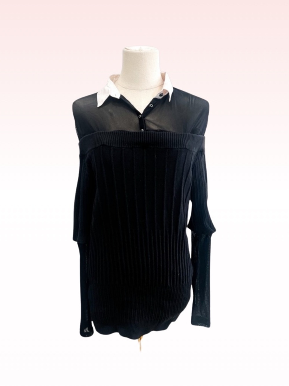 ANNE FONTAINE Black & White Collared Sheer neck & Sleeves Ribbed Top
